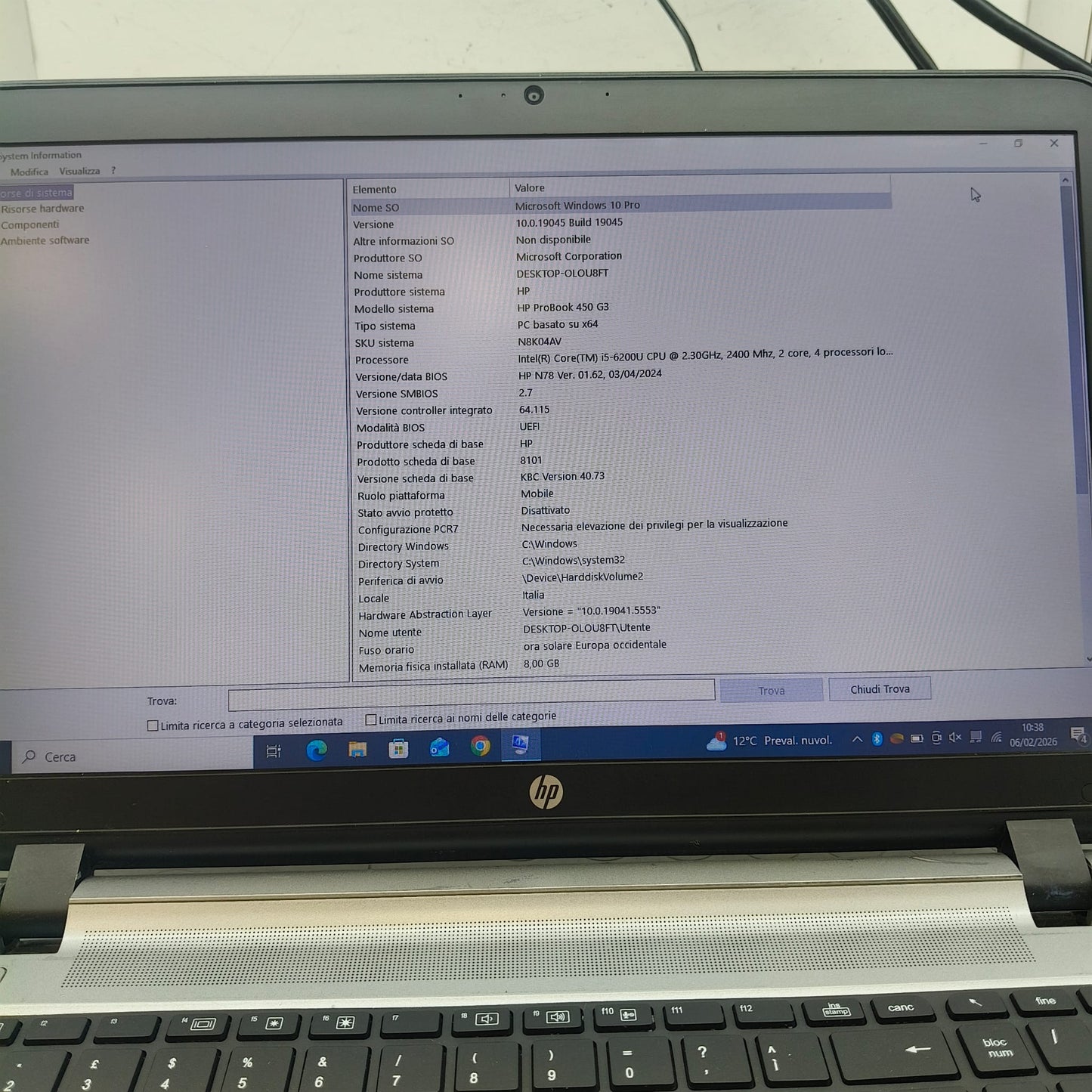 Notebook Pc Portatile HP 450 G3 15,6" I5-6200U Ram 8GB SSD 256GB W10 Pro usato