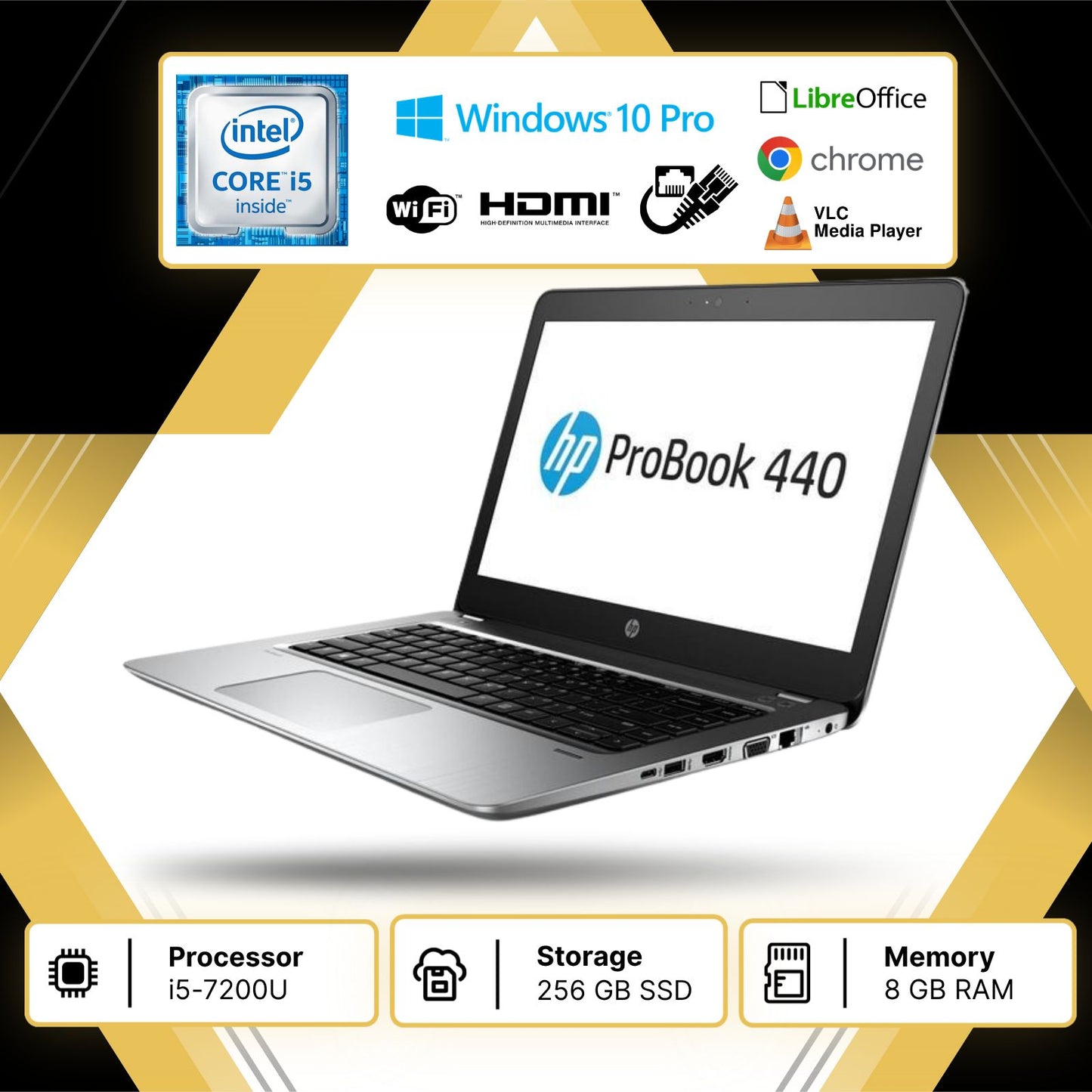 HP Probook 440 G4, Pc Portatile Notebook Intel Core i5-7200U, Display FHD da 14", RAM 8Gb, SSD 256Gb, Pacchetto Libre Office W10P