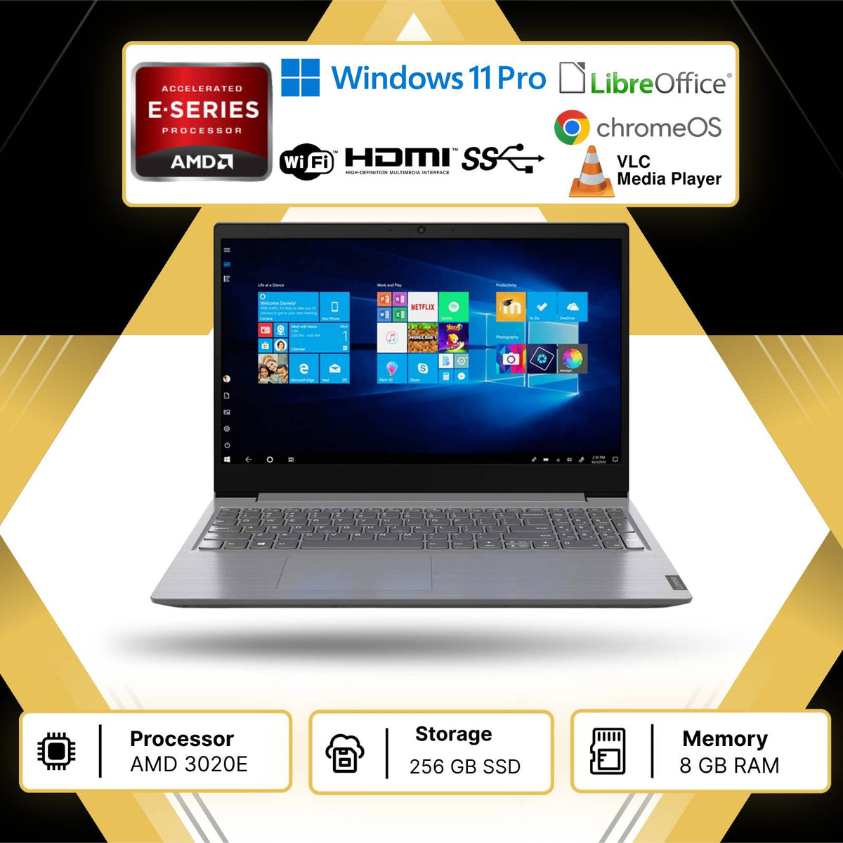 PC PORTATILE NOTEBOOK RICONDIZIONATO LENOVO AMD 3020E RAM 8GB SSD 256GB WIN 11