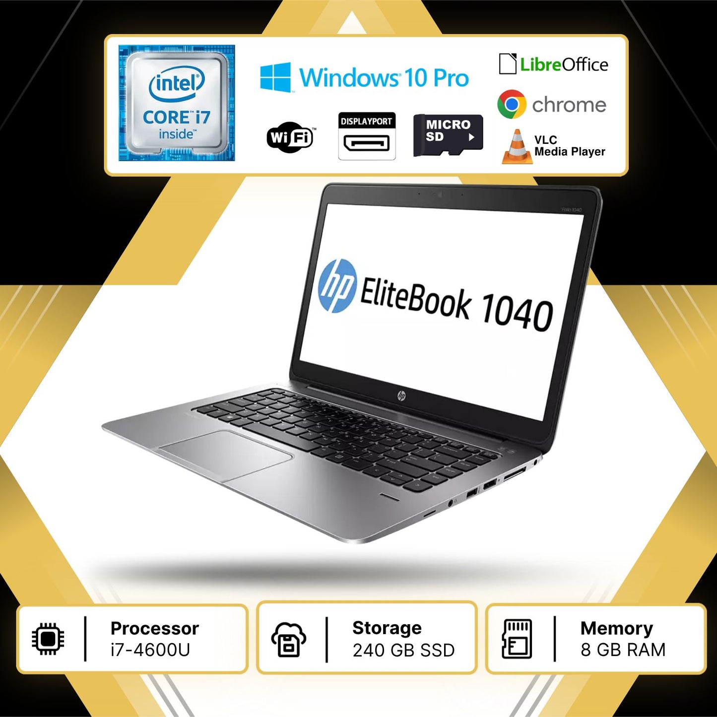 HP Elitebook Folio, 1040 G1 Notebook Pc portatile Pronto All'uso, Display 14", Intel Core i7, Ram 8GB, SSD 240GB, Pacchetto Libre Office W10P