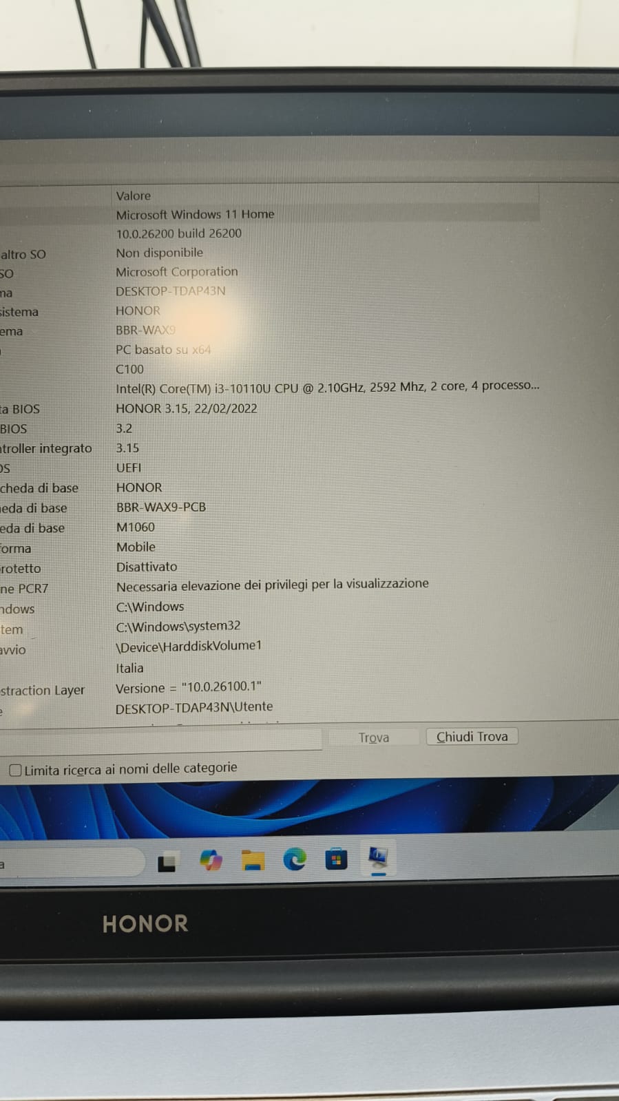 Notebook Pc Portatile Honor 15,6" I3-10110uU Ram 8GB SSD 256GB Win11 Pro usato