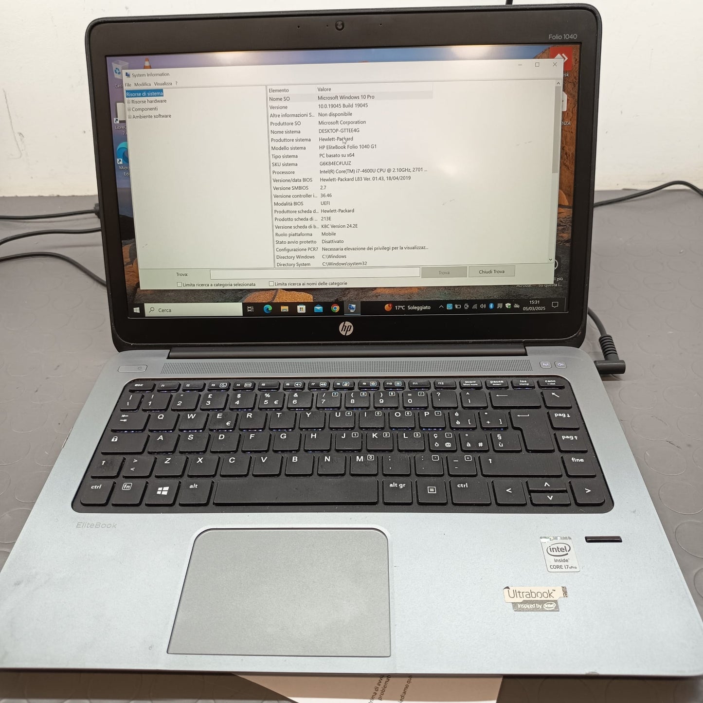 HP FOLIO 1040 G1 I7-4600U MEMORIA RAM 8GB;SSD 256GB DISPLAY 14 POLLICI WIN 10
