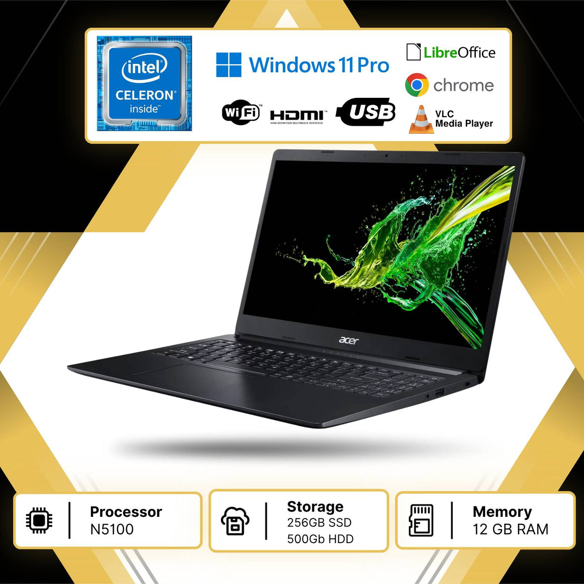 ACER INTEL CELERON N5100 RAM 12GB; SSD 256GB HDD 500GB  DISPLAY 15.6" WIN 11P