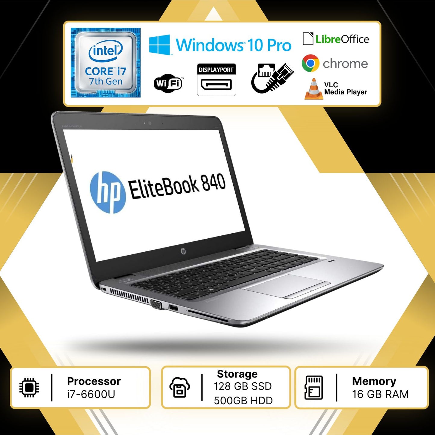 HP 840 G3 I7 -6600U RAM 16GB; HDD 500GB SSD 128GB DISPLAY 14.0" WIN 10 PRO