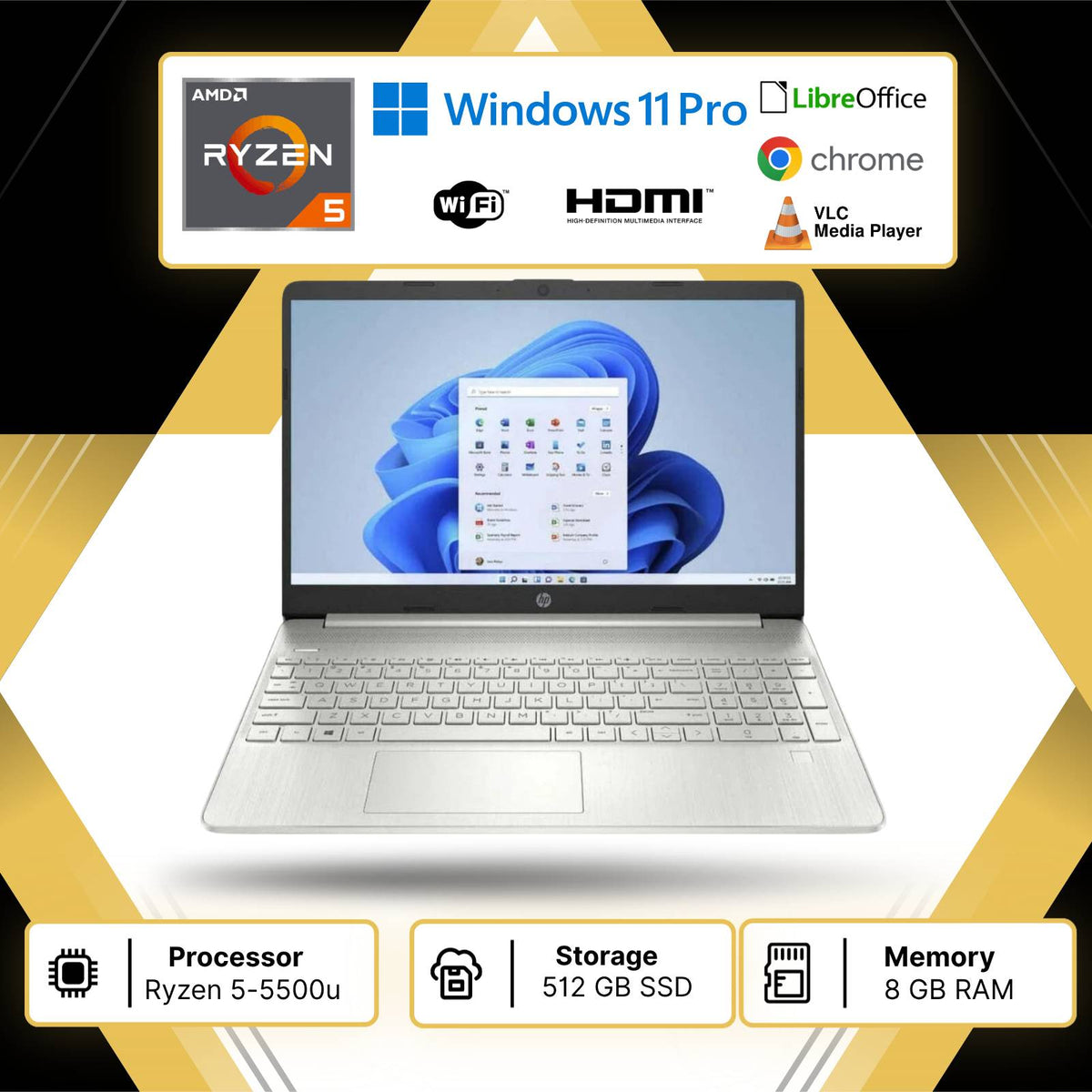 HP 15s-eq2xxx SILVER 15,6" AMD RYZEN 5 5500U RAM 8GB SSD 512 NVME W11P LIBRE USATO