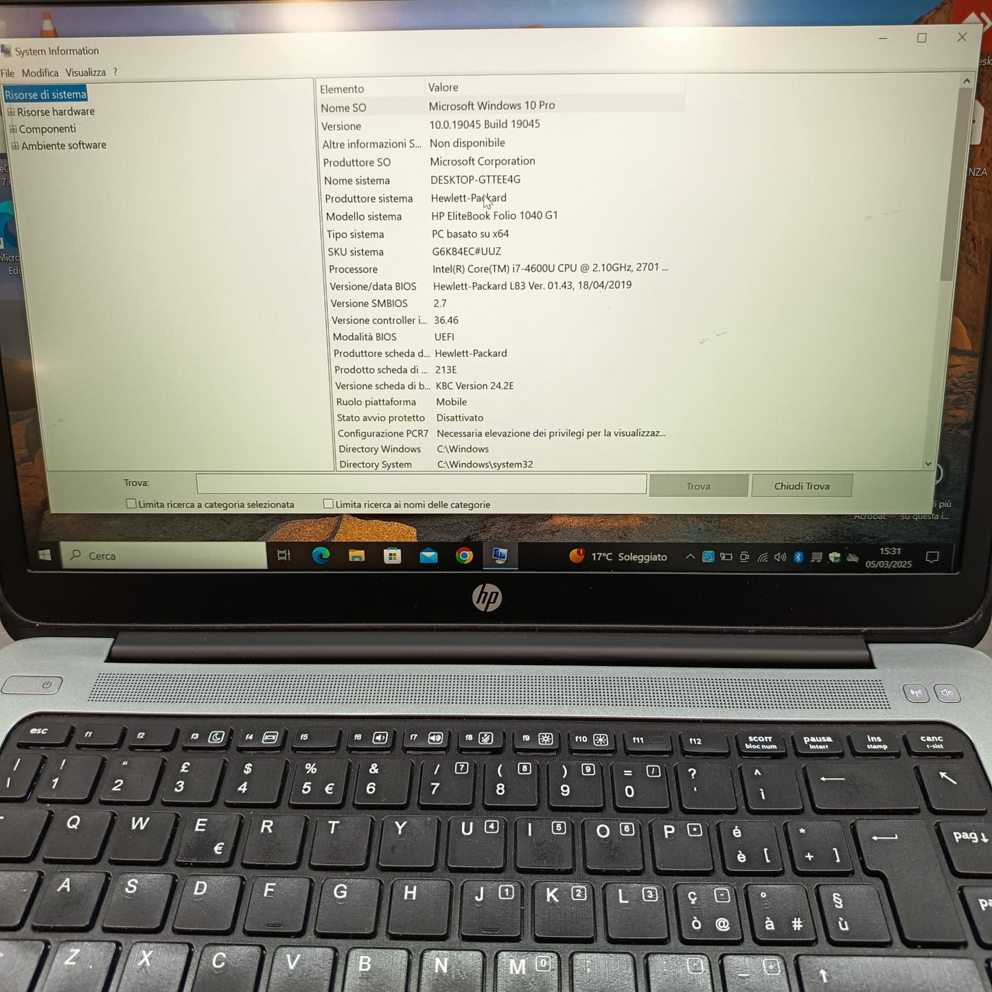 HP FOLIO 1040 G1 I7-4600U MEMORIA RAM 8GB;SSD 256GB DISPLAY 14 POLLICI WIN 10