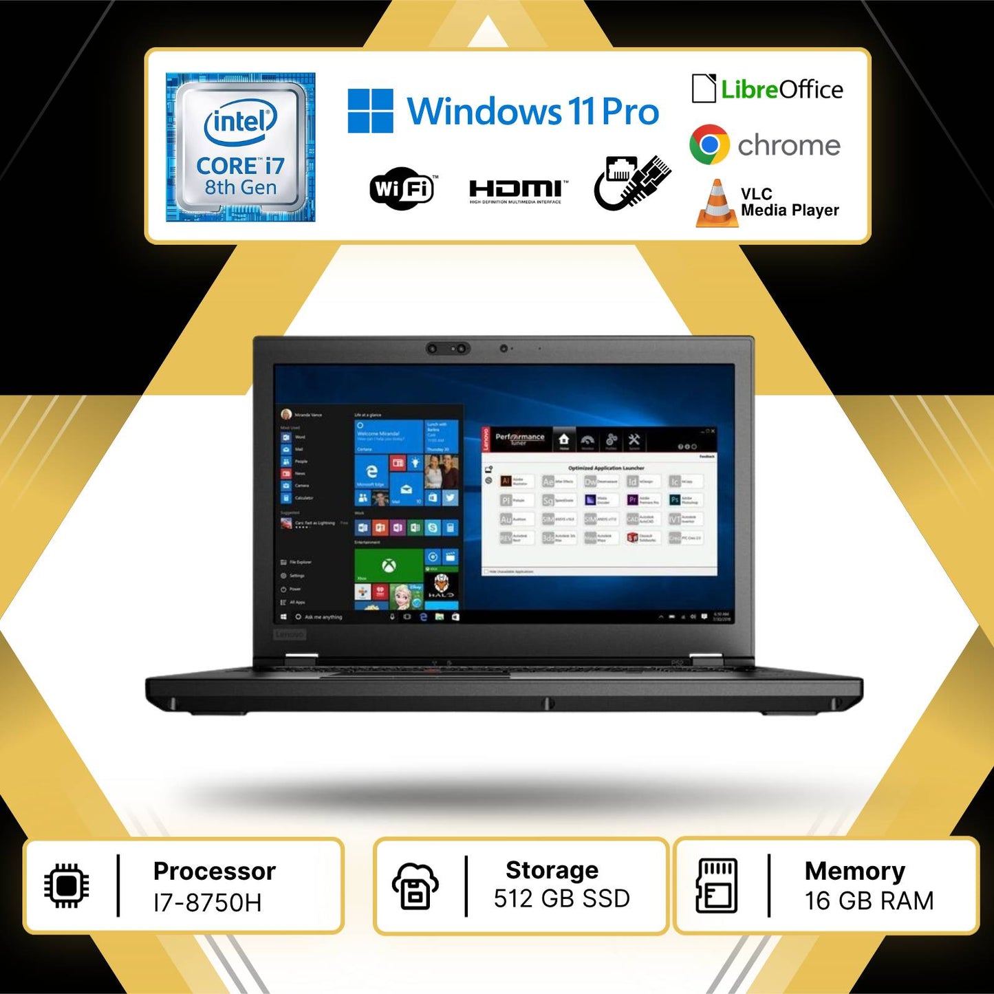Notebook Pc Portatile Lenovo p52 15.6" I7-8750h Ram 16GB SSD 512GB Win11 P usato