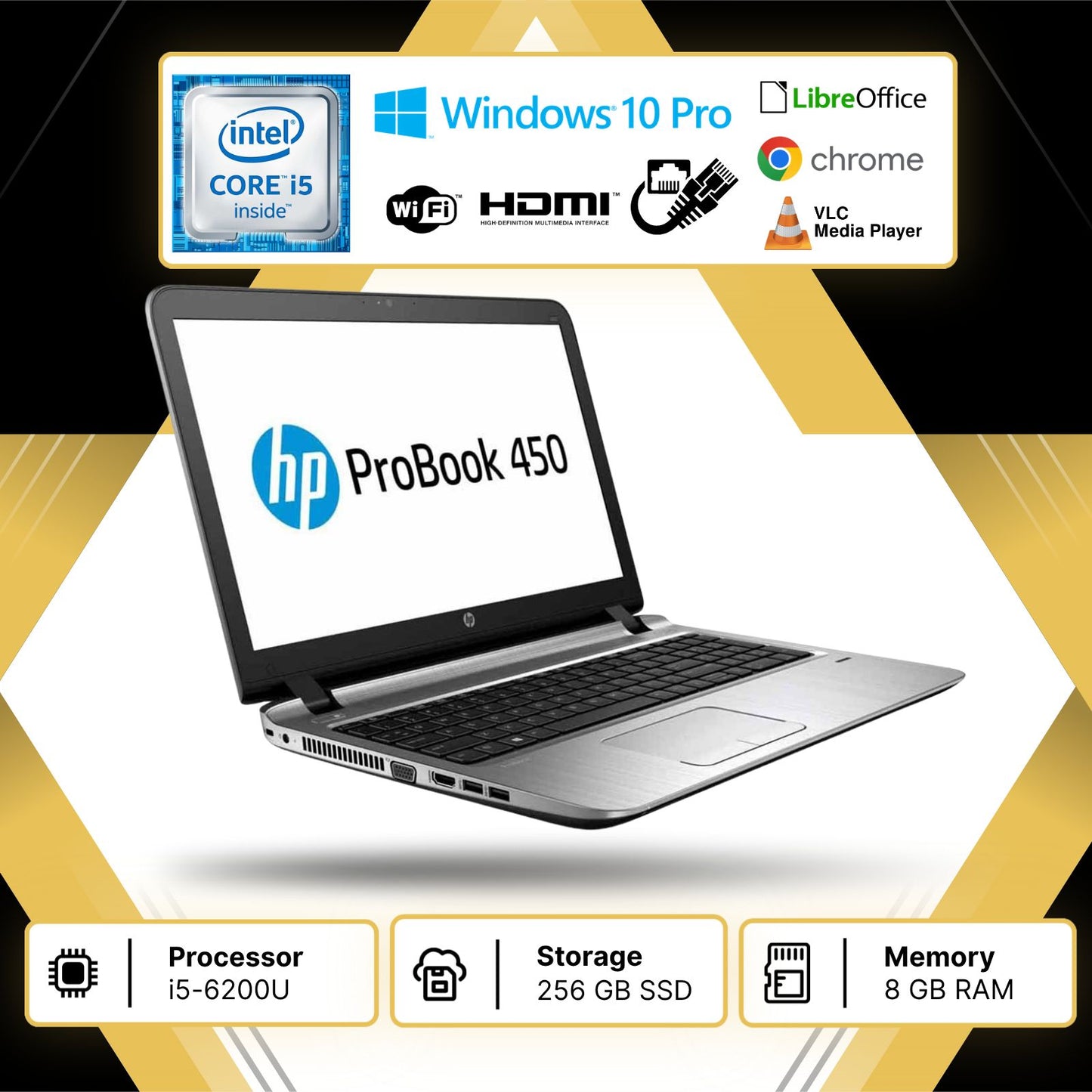 Notebook Pc Portatile HP 450 G3 15,6" I5-6200U Ram 8GB SSD 256GB W10 Pro usato